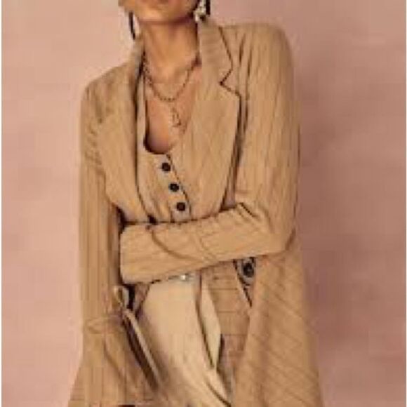 FREE PEOPLE Stella Striped double breasted frayed hem linen blend Blazer sz xs - Picture 1 of 9